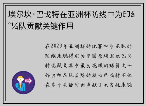 埃尔坎·巴戈特在亚洲杯防线中为印尼队贡献关键作用